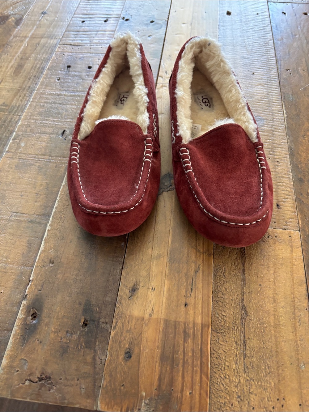 UGG Women’s Burgundy Suede Fleece-Lined Moccasin Slippers